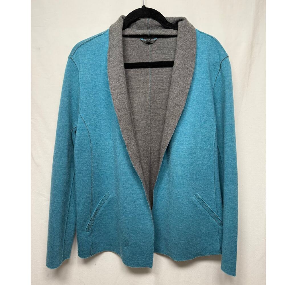 Eileen Fisher Merino Wool Open Front Cardigan, Turquoise/Gray Size Large